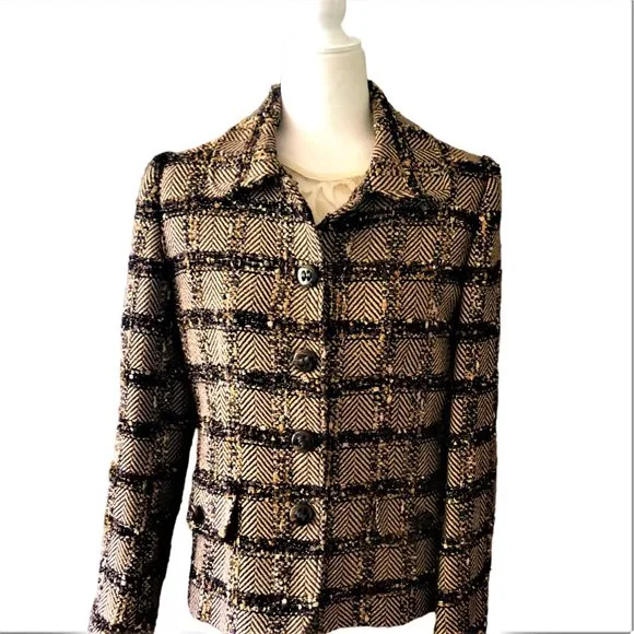 ECAILLE Paris Brown Overcheck Herringbone Tweed Woven with Lurex Jacket Sz 10 - Picture 2 of 7